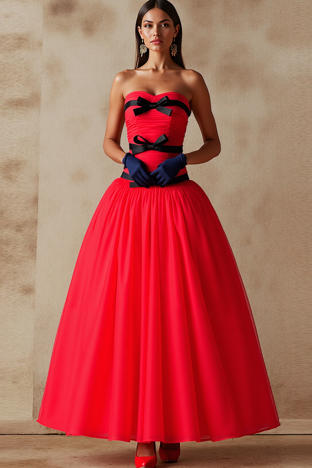 Leely Women Red Tulle Long Prom Dress with Bows Strapless A Line Pageant Dress