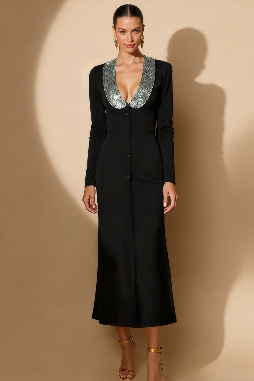 Leely Women Sparkly Black Long Sleeves Formal Dress A Line Collar Neck Evening Dress with Sequins