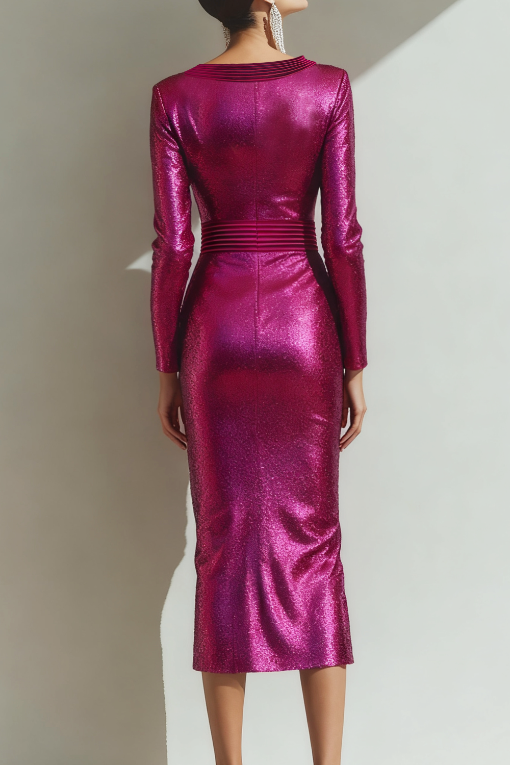 Sparkly Fuchsia Sheath Sequins Long Sleeves Holiday Party Dress