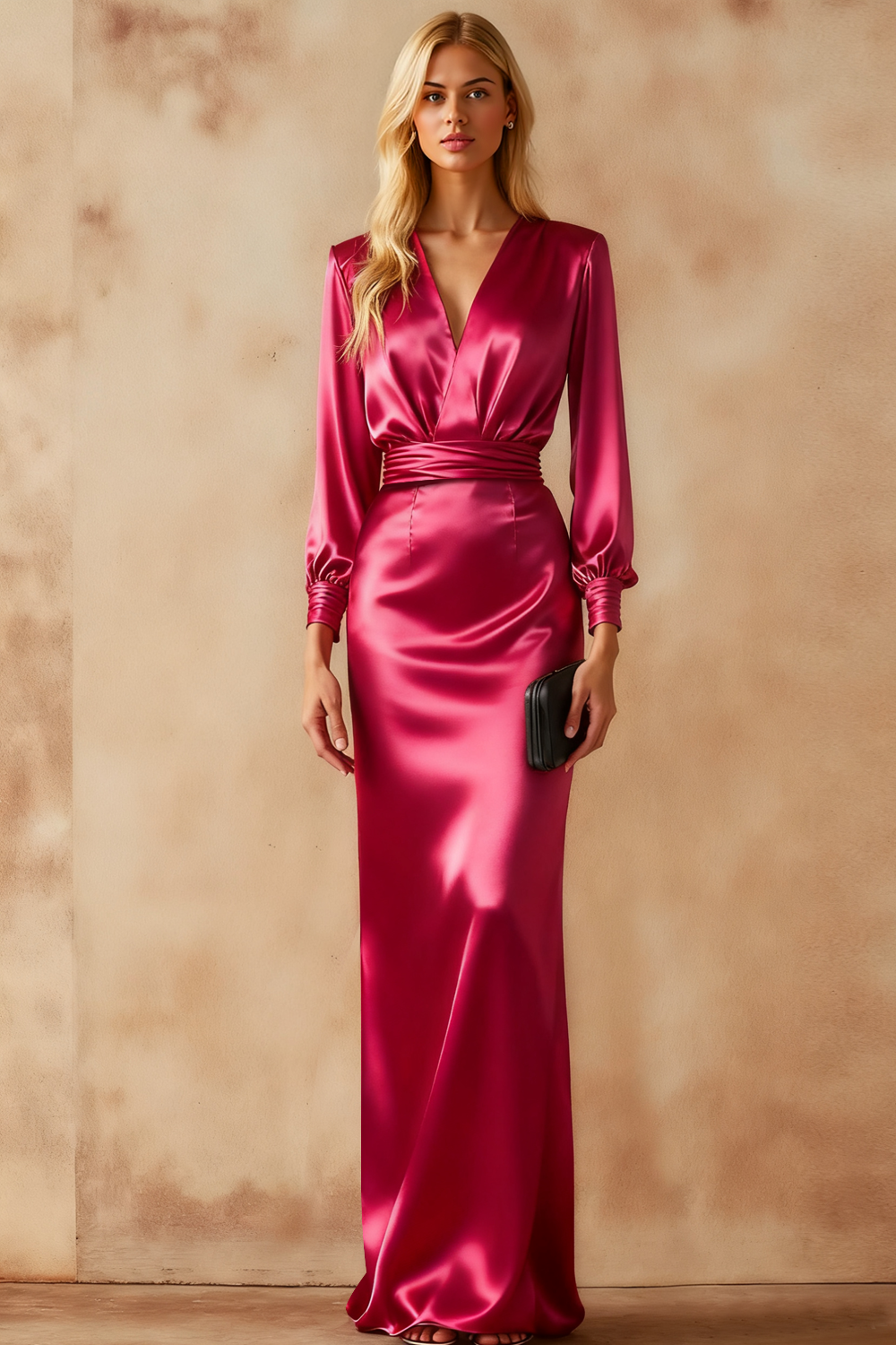 Leely Women Fuchsia Satin Sheath Long Formal Dress V-Neck Evening Dress with Sleeves
