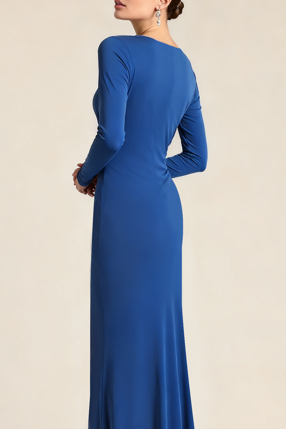 Blue Ruched Deep V-Neck Long Sleeves Formal Dress with Slit