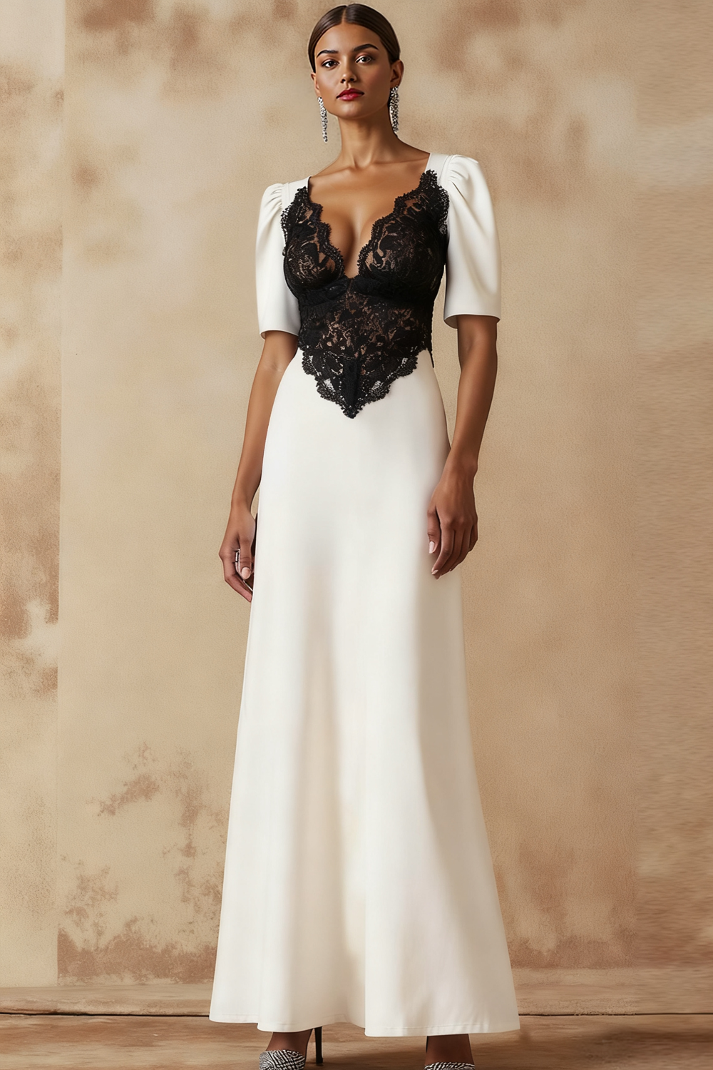 Leely Women White Black V-Neck Long Formal Dress with Lace A Line Evening Dress with Sleeves