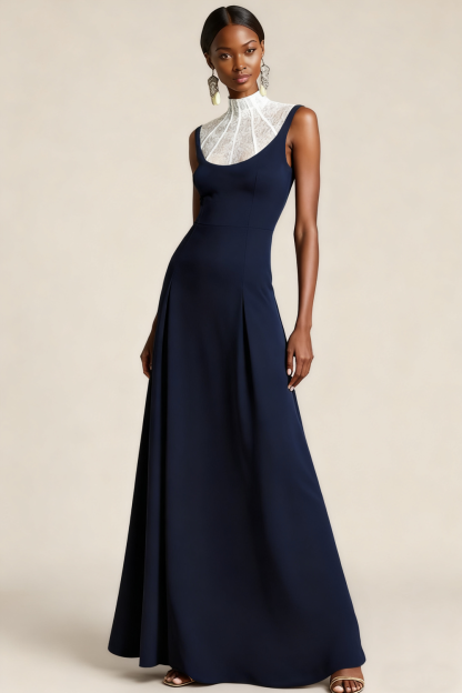 Navy White A Line High Neck Long Formal Dress with Lace