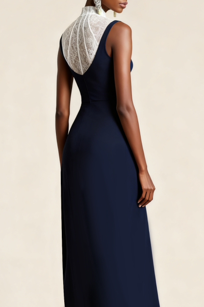 Navy White A Line High Neck Long Formal Dress with Lace