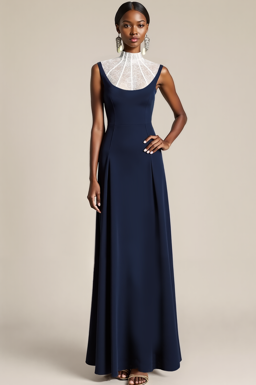 Navy White A Line High Neck Long Formal Dress with Lace