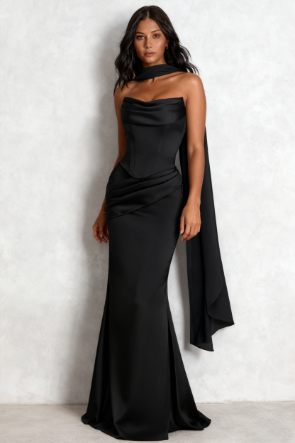 Leely Women Black Ruched Satin Long Formal Dress Mermaid Strapless Evening Dress