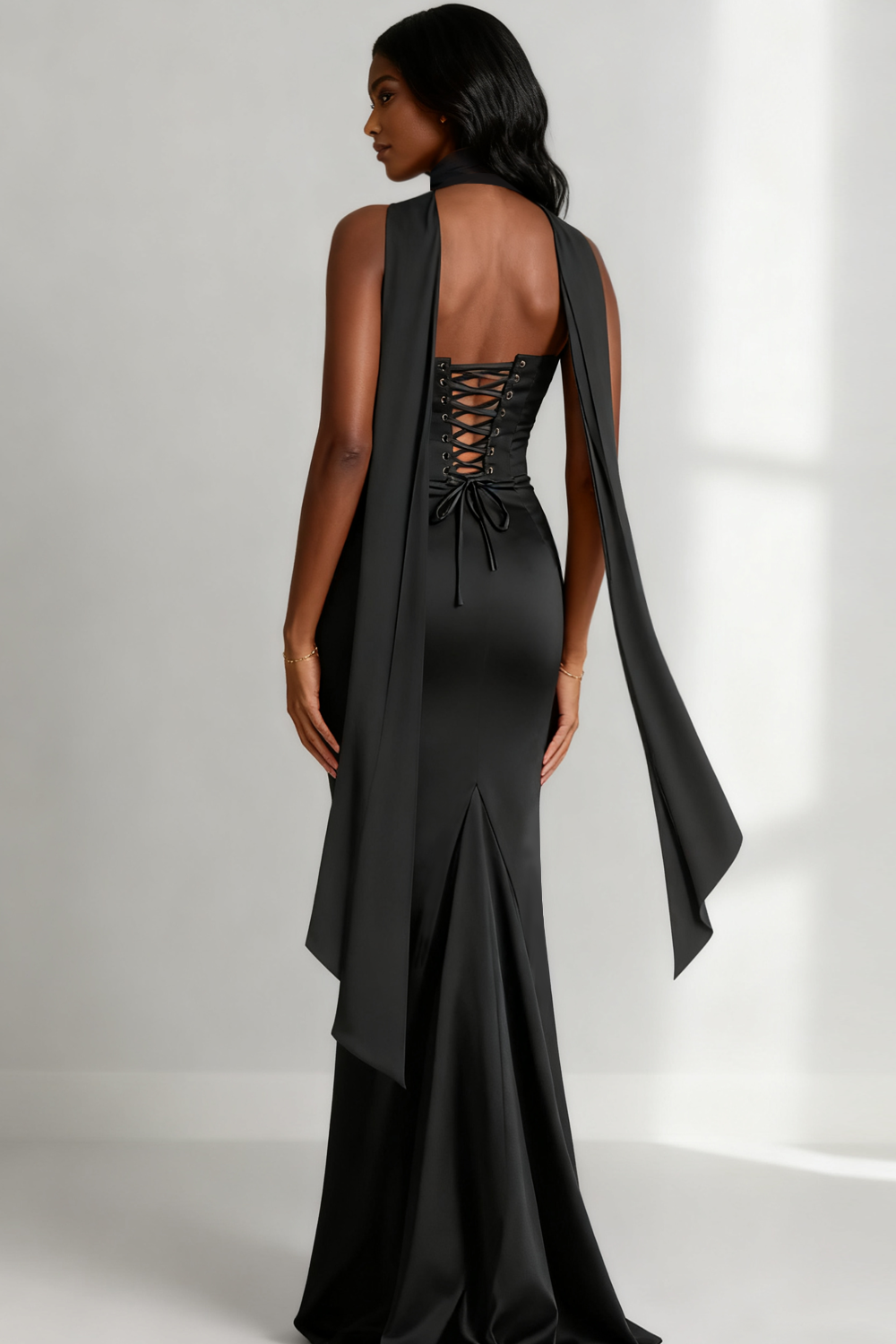 Black Ruched Satin Mermaid Strapless Long Formal Dress