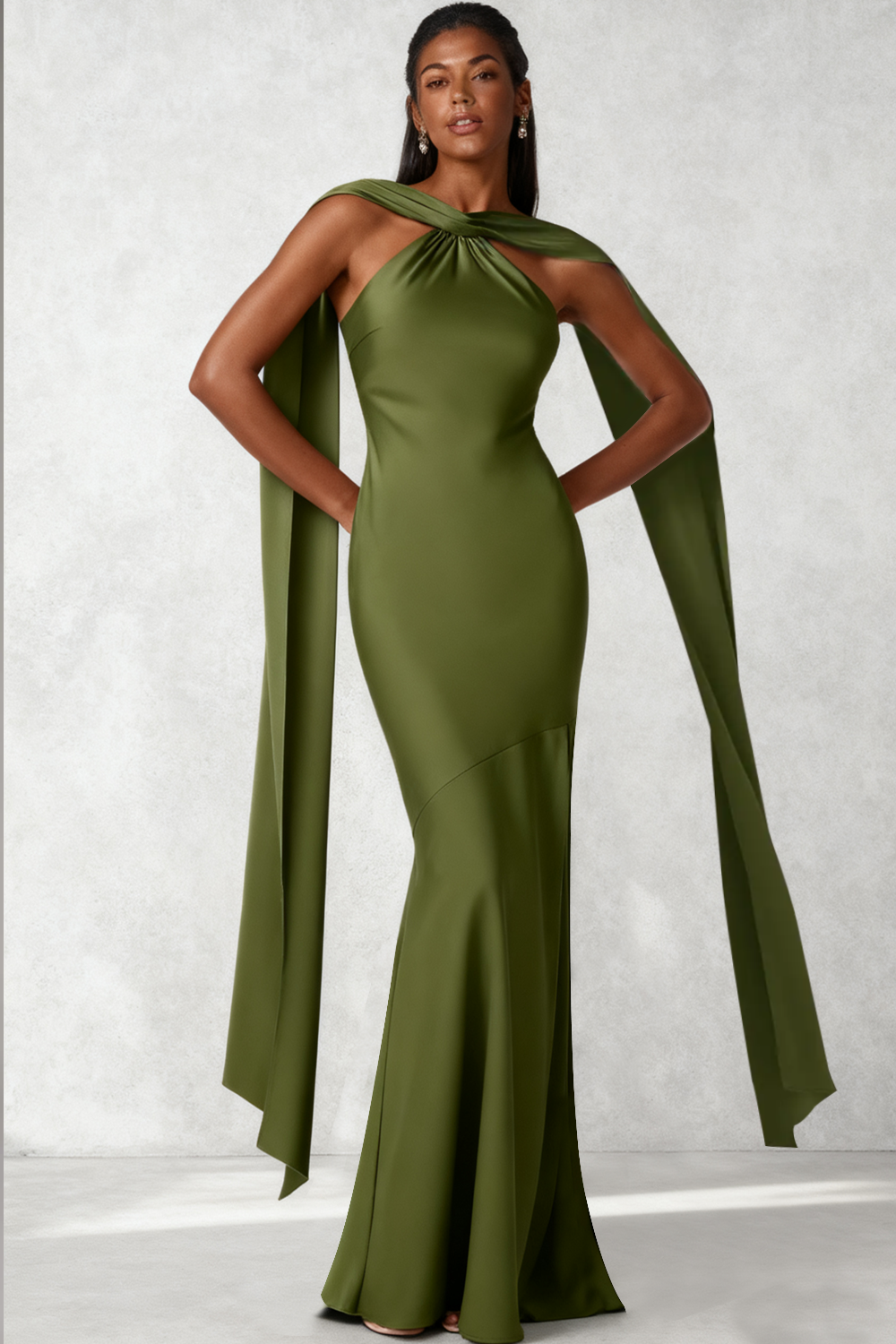Leely Women Olive Satin Mermaid Formal Dress with Sleeves Halter Backless Evening Dress