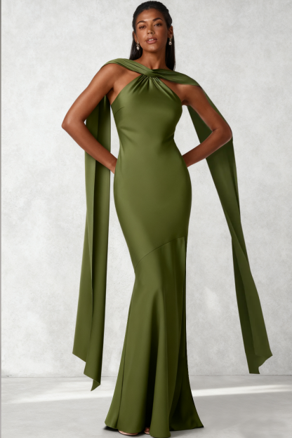 Leely Women Olive Satin Mermaid Formal Dress with Sleeves Halter Backless Evening Dress