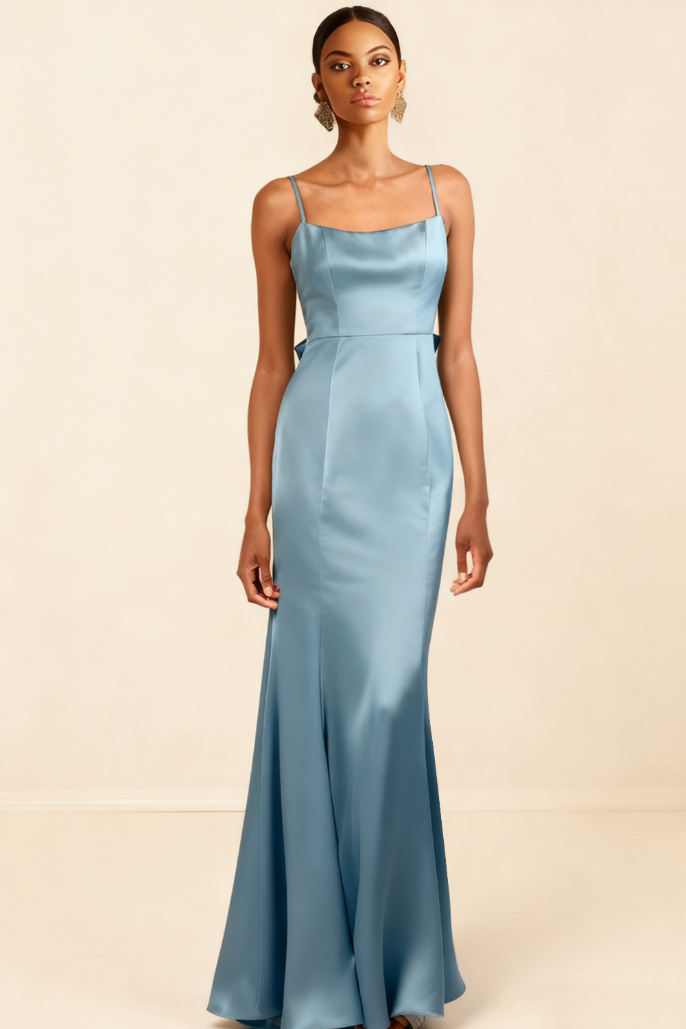 Leely Women Dusty Blue Spaghetti Straps Long Formal Dress with Bow Backless Mermaid Evening Dress