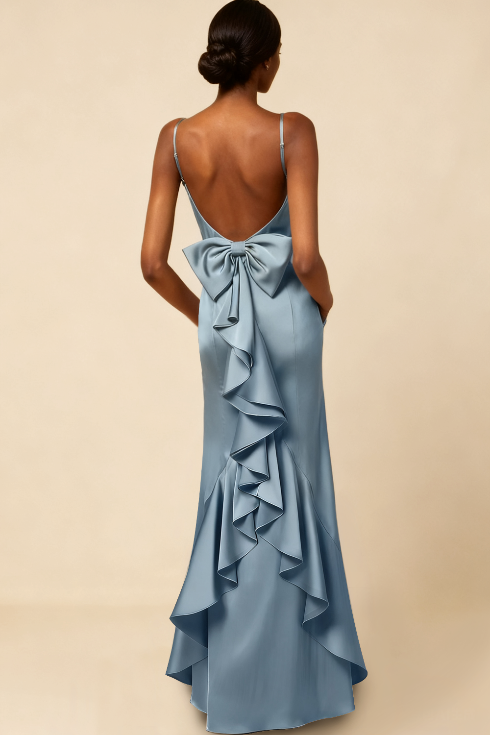 Dusty Blue Spaghetti Straps Long Formal Dress with Bow