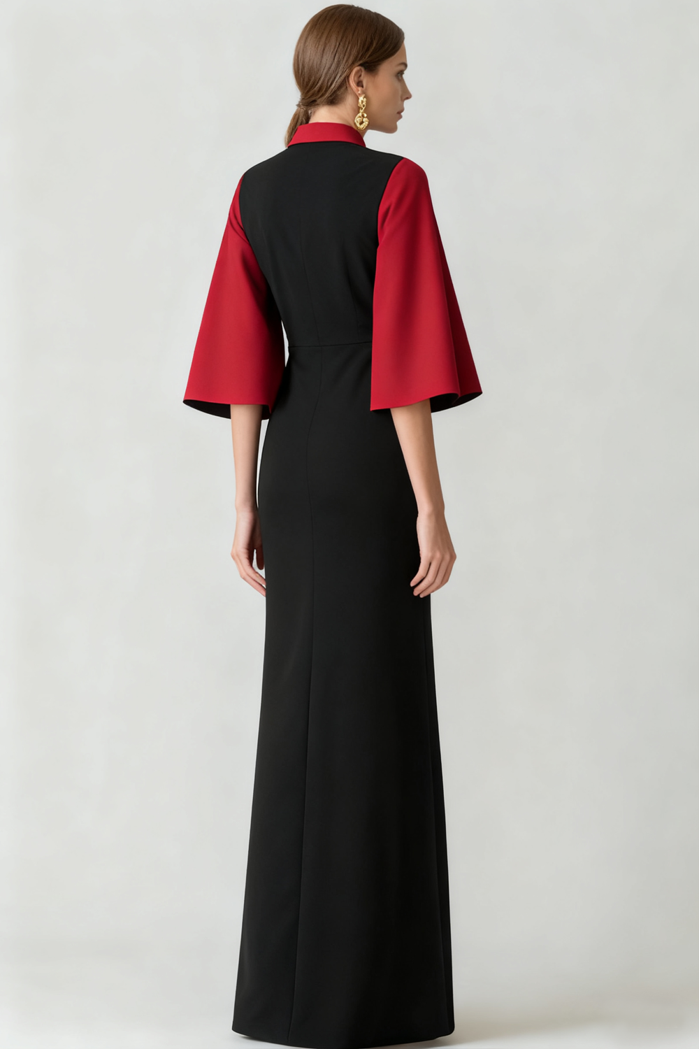 Red Black Neck Collar Maxi Evening Dress with Sleeves