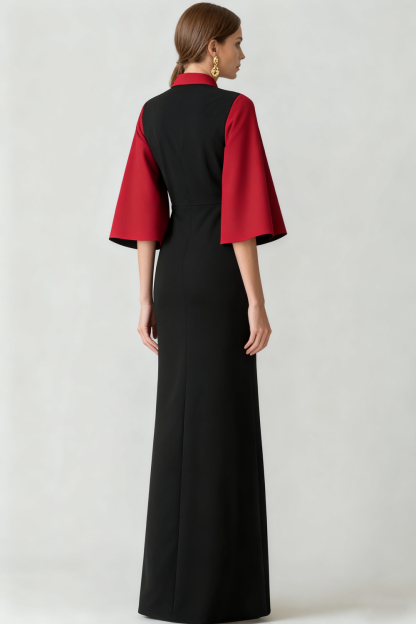 Red Black Neck Collar Maxi Evening Dress with Sleeves