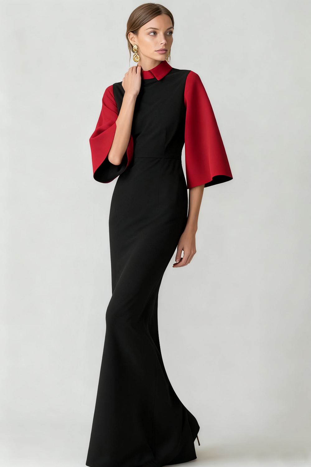 Red Black Neck Collar Maxi Evening Dress with Sleeves