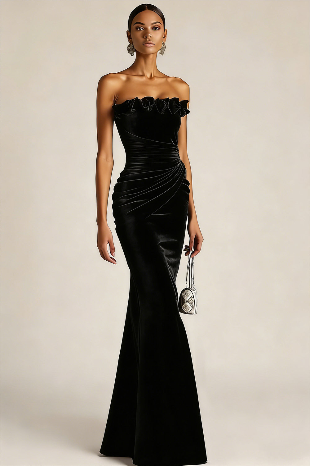 Burgundy Mermaid Ruched Long Velvet Holiday Party Dress