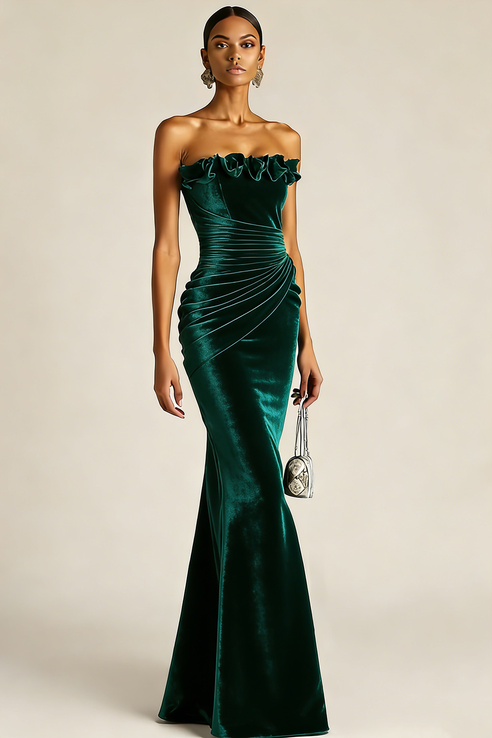 Burgundy Mermaid Ruched Long Velvet Holiday Party Dress