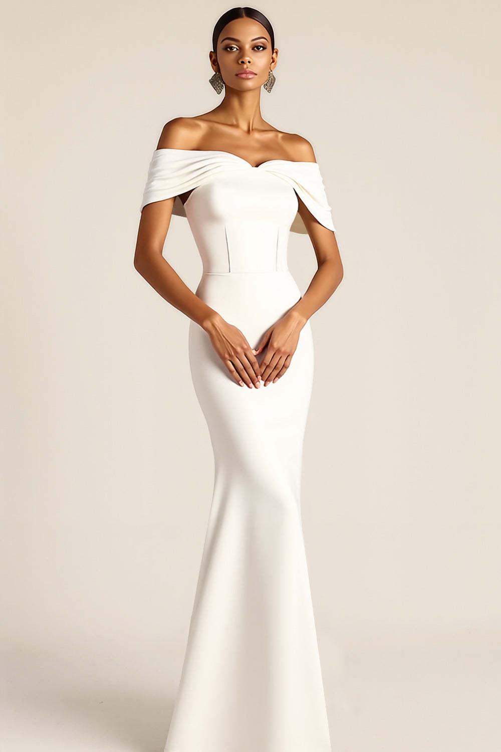 Leely Women White Mermaid Long Corset Formal Dress Off the Shoulder Backless Simple Wedding Dress