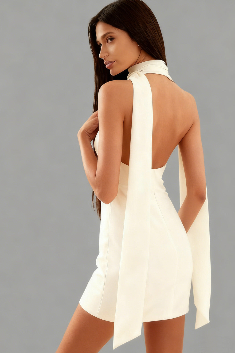 White Backless Neck Scarf Bodycon Short Bridal Shower Dress