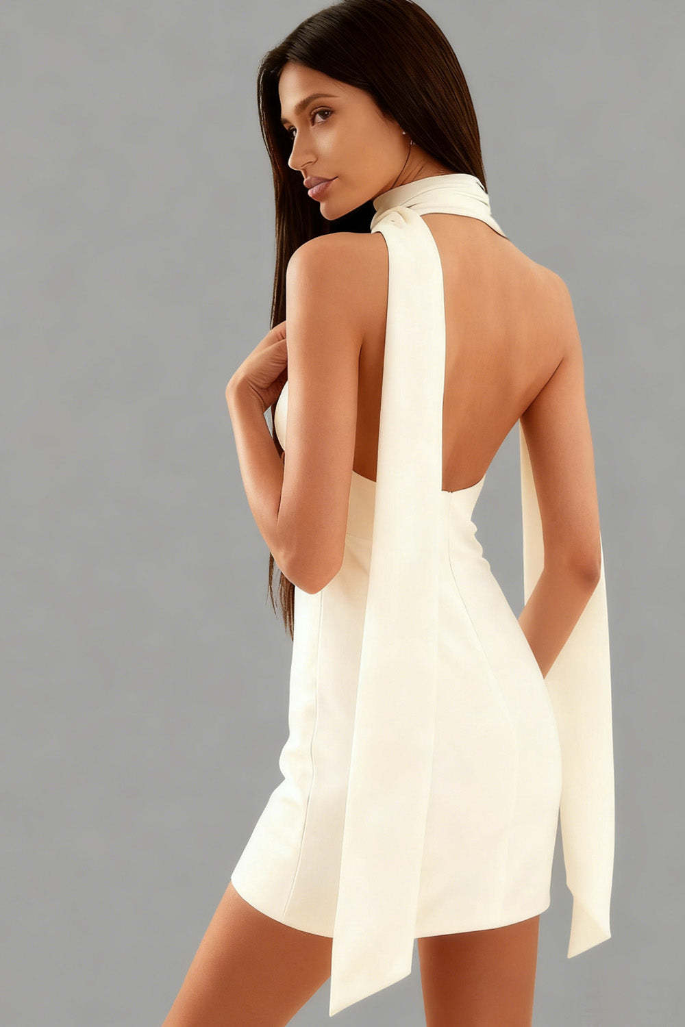 White Backless Neck Scarf Bodycon Short Bridal Shower Dress