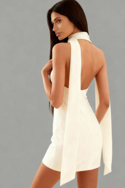 White Backless Neck Scarf Bodycon Short Bridal Shower Dress