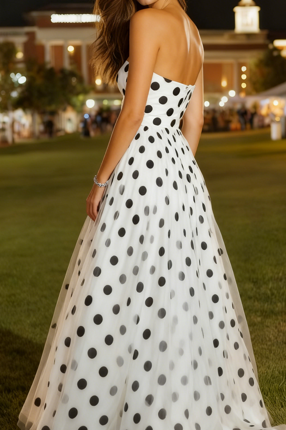 White and Black Sweetheart Polka Dots A-Line Tulle Long Prom Dress