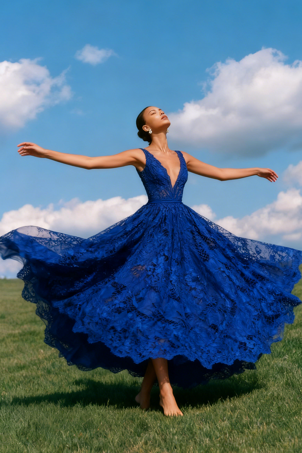 Blue Lace A-Line V-Neck Long Backless Prom Dress