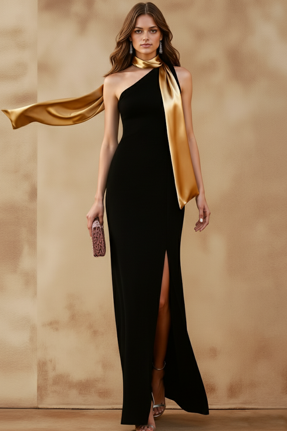 Leely Women Black Gold Sheath Long Formal Dress with Slit One Shoulder Neck Scarf Evening Dress