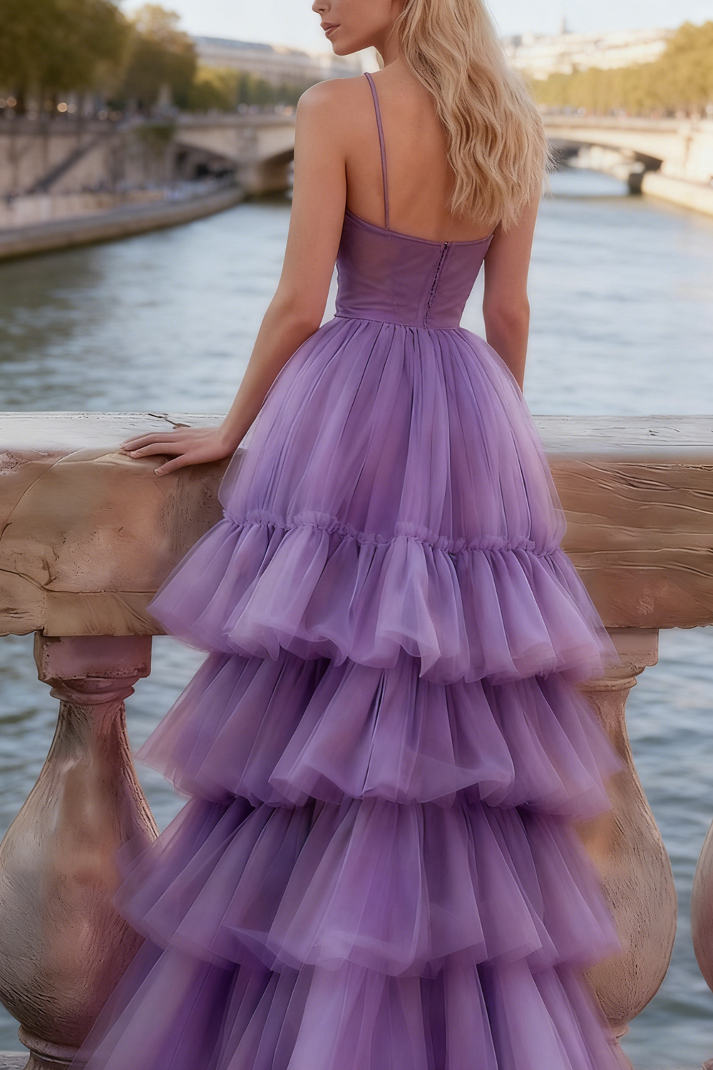 Lilac Tiered Tulle Spaghetti Straps Long Corset Prom Dress with Ruffles