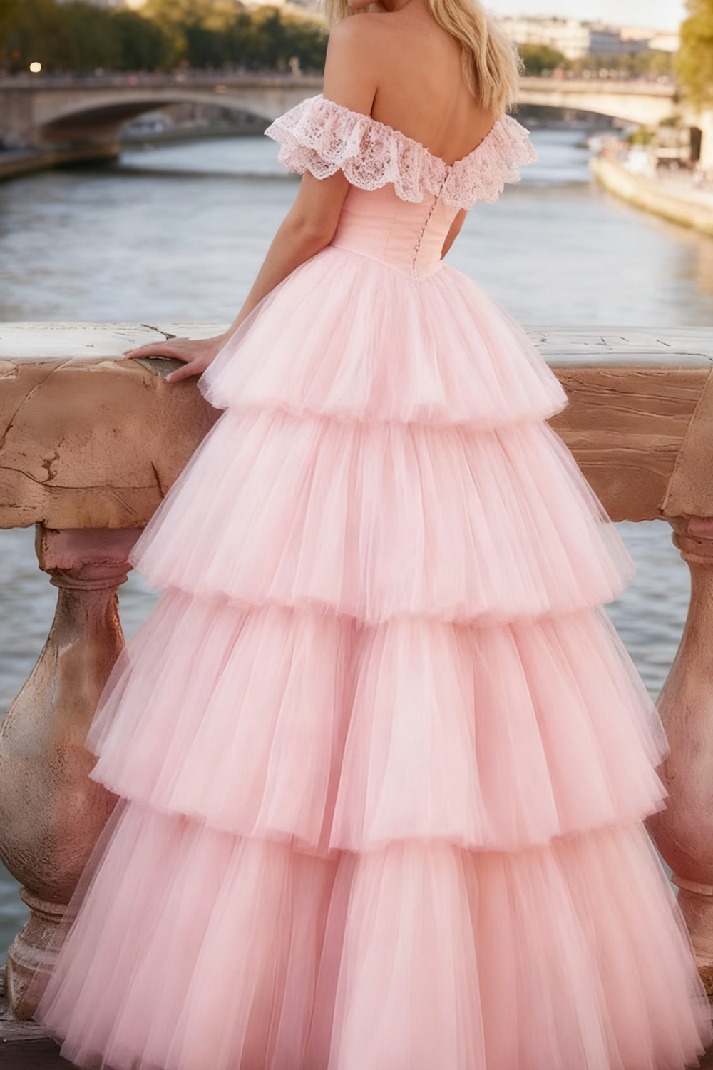 Light Pink Tiered Ruffled Tulle Long Corset Prom Dress with Lace