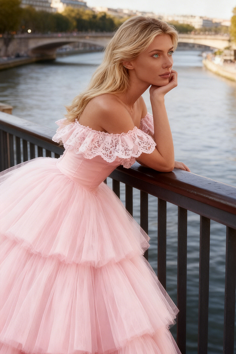 Light Pink Tiered Ruffled Tulle Long Corset Prom Dress with Lace