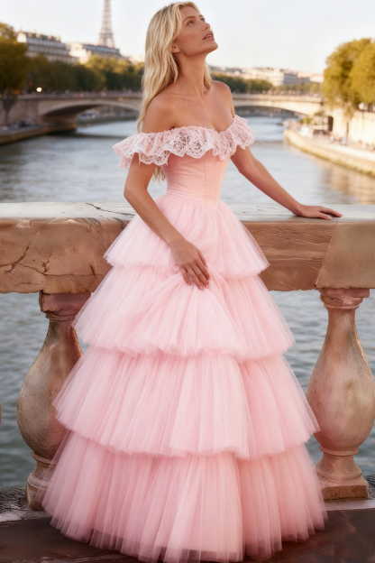 Light Pink Tiered Ruffled Tulle Long Corset Prom Dress with Lace