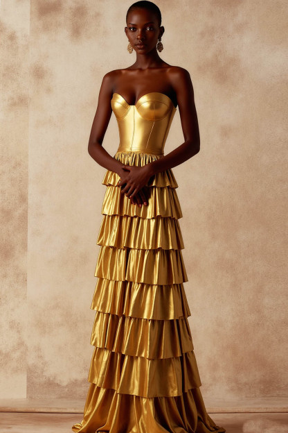 Leely Women Golden Tiered Long Corset Formal Dress with Ruffles Sweetheart Backless Metallic Prom Dress