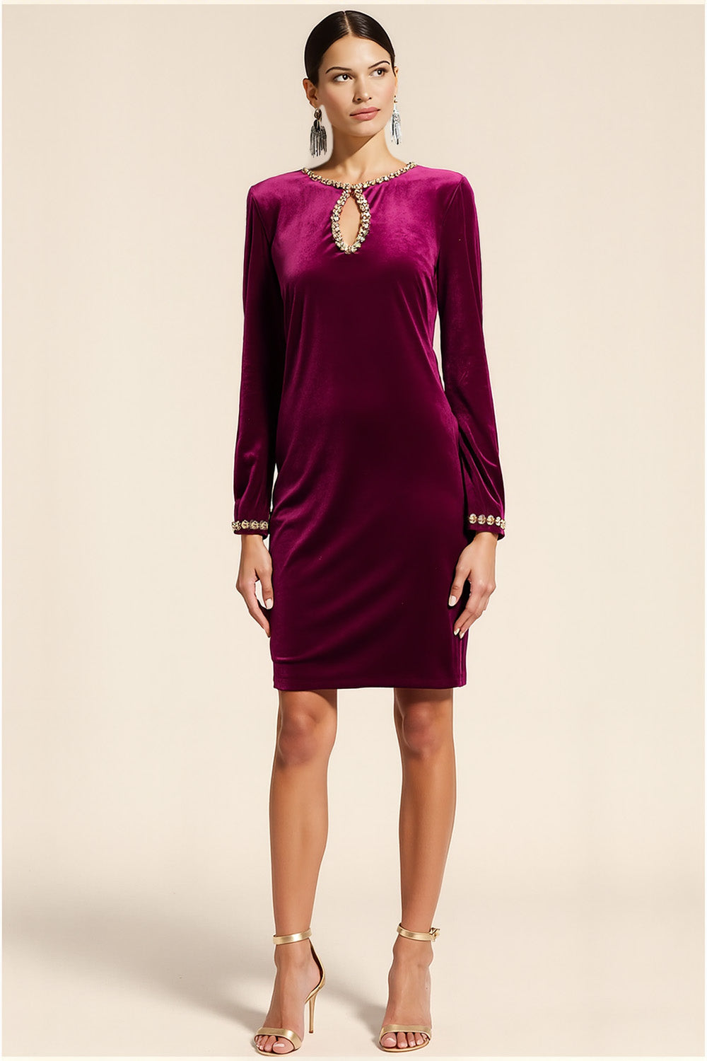 Burgundy Beaded Bodycon Velvet Short Holiday Party Dress with Keyhole