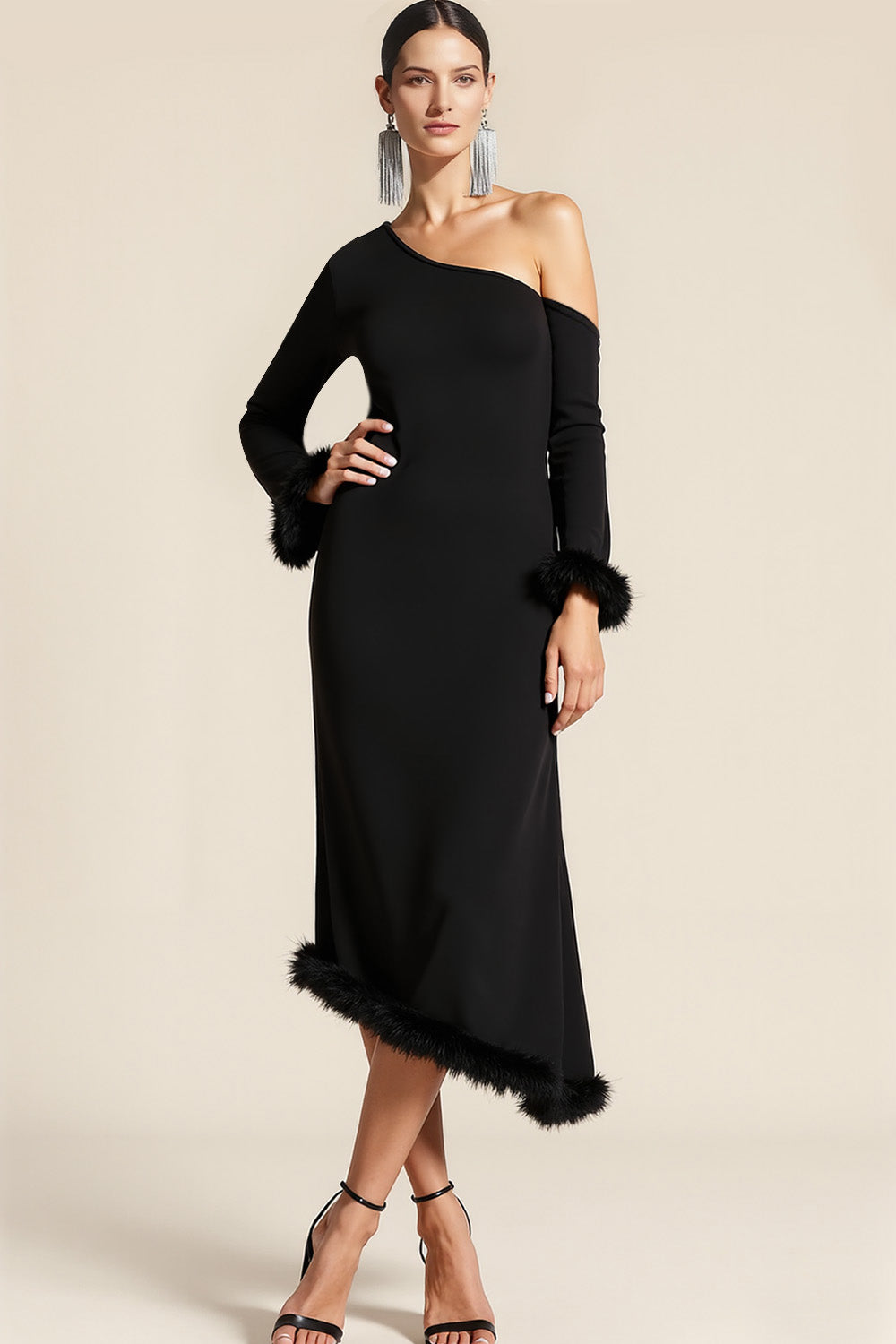 Leely Women Bodycon Midi Formal Dress with Feather One Shoulder Party Dress with Sleeves