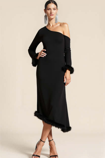 Leely Women Bodycon Midi Formal Dress with Feather One Shoulder Party Dress with Sleeves