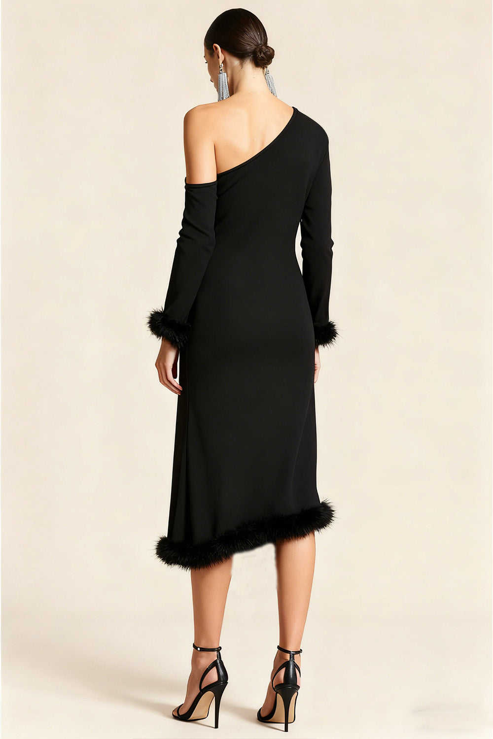 One Shoulder Bodycon Midi Formal Dress with Feather