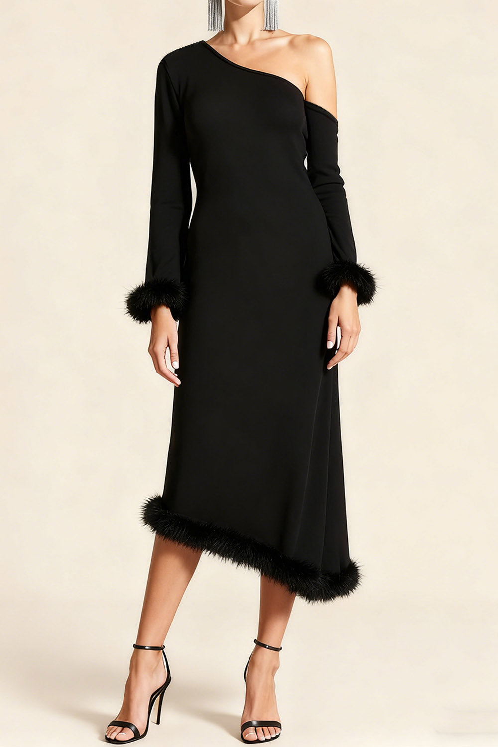 One Shoulder Bodycon Midi Formal Dress with Feather