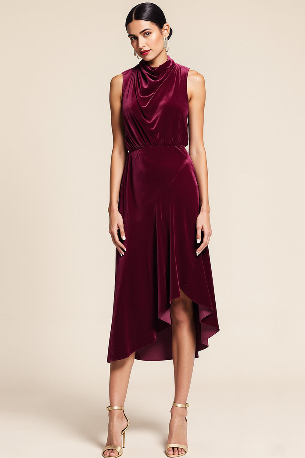 Burgundy High Neck Midi Velvet Holiday Party Dress