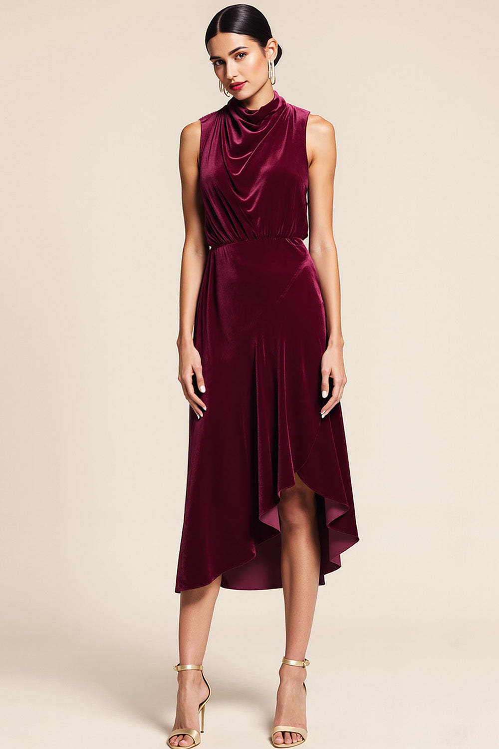 Leely Women Burgundy Midi Velvet Holiday Party Dress High Neck Bodycon Cocktail Dress