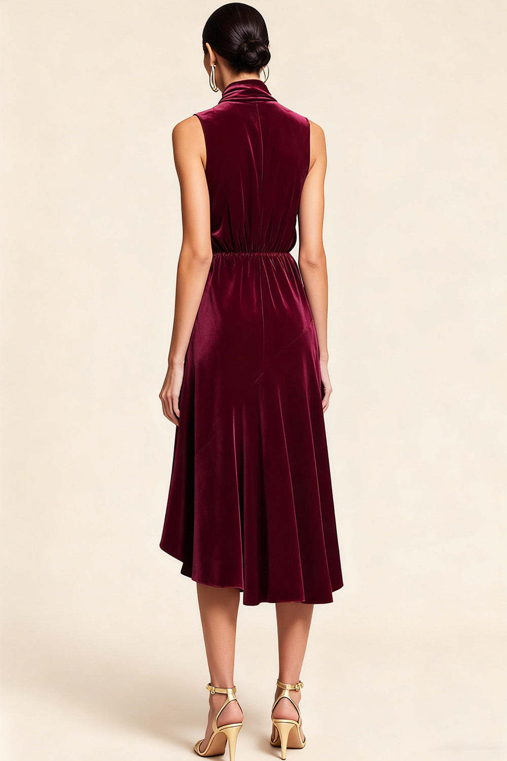 Burgundy High Neck Midi Velvet Holiday Party Dress