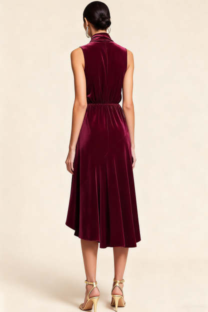 Burgundy High Neck Midi Velvet Holiday Party Dress
