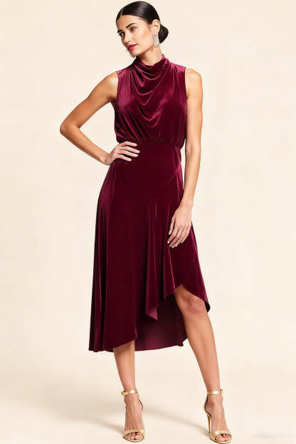 Burgundy High Neck Midi Velvet Holiday Party Dress