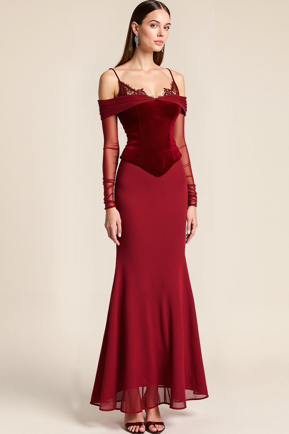 Red Mermaid Cold Shoulder Velvet Long Holiday Party Dress