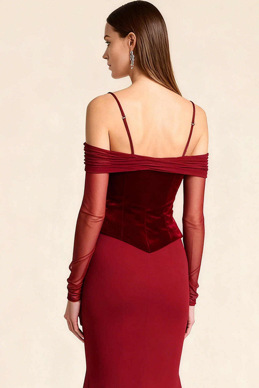 Red Mermaid Cold Shoulder Velvet Long Holiday Party Dress