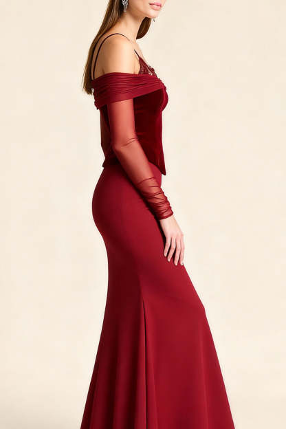 Red Mermaid Cold Shoulder Velvet Long Holiday Party Dress