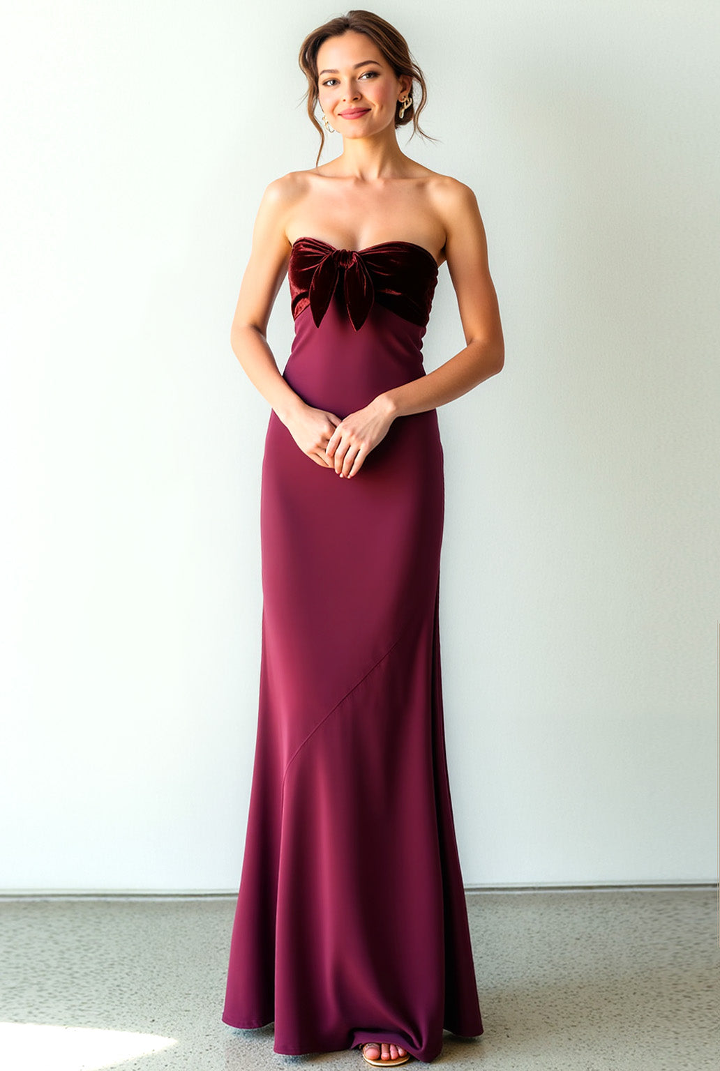 Burgundy Mermaid Strapless Long Formal Dress with Bow