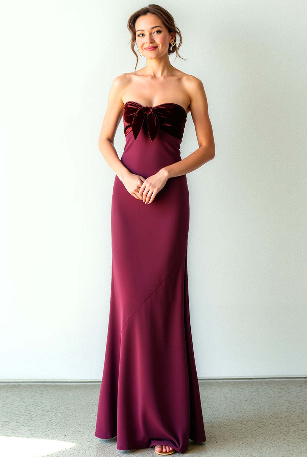Leely Women Burgundy Mermaid Long Formal Dress Strapless Backless Evening Dress with Bow