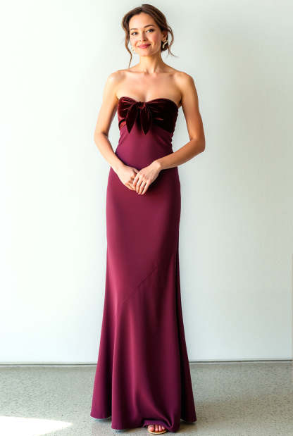 Leely Women Burgundy Mermaid Long Formal Dress Strapless Backless Evening Dress with Bow