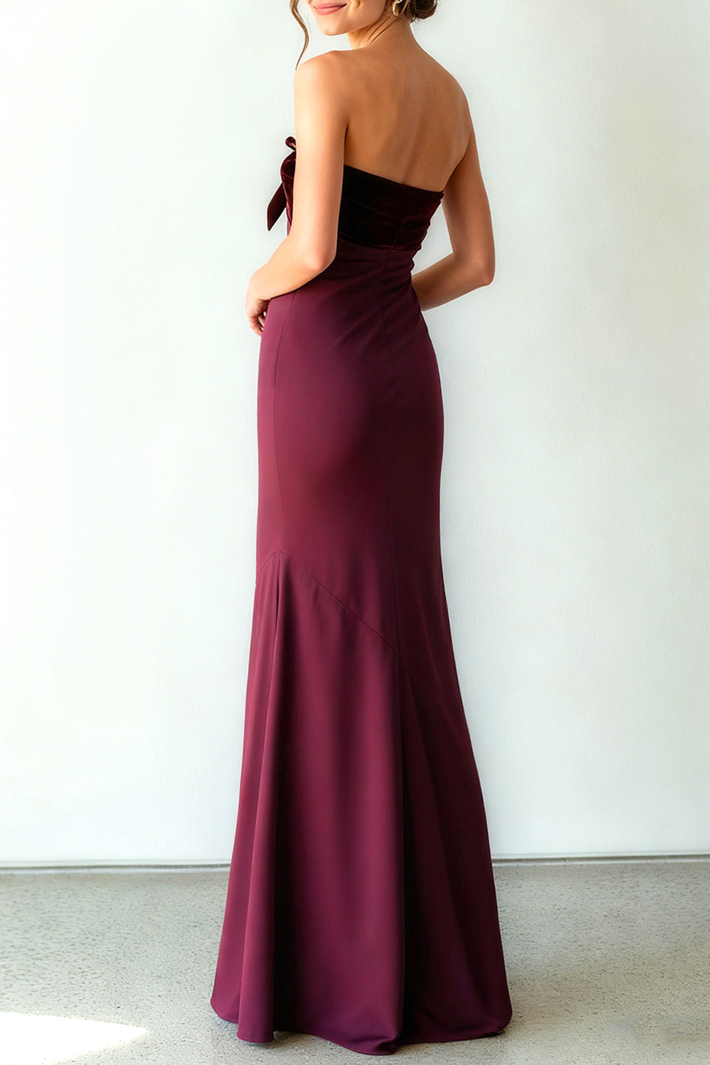 Burgundy Mermaid Strapless Long Formal Dress with Bow