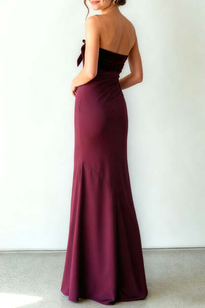Burgundy Mermaid Strapless Long Formal Dress with Bow